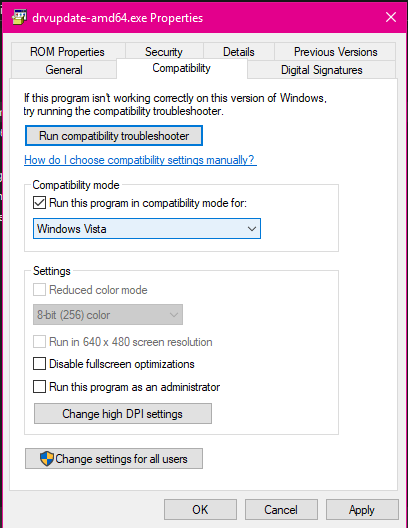 Install Wmdc For Your Device In Compatibility Mode For Vista Drvupdate Amd64 Exe Drvupdate X86 Exe Right Click The Installer For Your Os And Choose Properties Click The Compatibility Tab And Check Run This Program In Compatibility For And Select Windows Vista